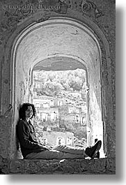 architectural ruins, archways, black and white, europe, lori, tourists, turkeys, under, vertical, womens, photograph