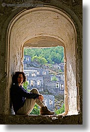 architectural ruins, archways, europe, happy, lori, tourists, turkeys, under, vertical, womens, photograph