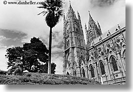 bell towers, black and white, buildings, churches, ecuador, equator, horizontal, latin america, nature, palm trees, plants, quito, religious, structures, trees, photograph