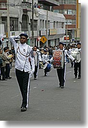 bands, clothes, drums, ecuador, equator, instruments, latin america, marching, men, music, quito, uniforms, vertical, white, photograph