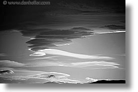 black and white, clouds, horizontal, latin america, lenticular, patagonia, photograph