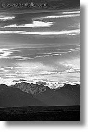 black and white, clouds, latin america, mountains, patagonia, vertical, photograph