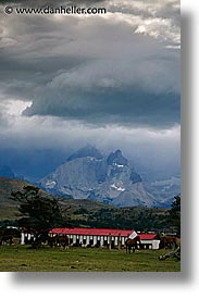 clouds, estancia lazo, farm, horses, houses, latin america, patagonia, vertical, photograph