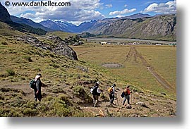 fitz roy, hikers, horizontal, latin america, patagonia, rivers, valley, photograph