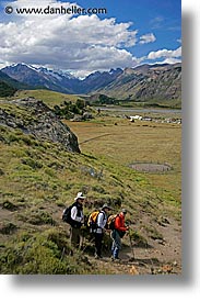 fitz roy, hikers, latin america, patagonia, rivers, valley, vertical, photograph