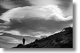 black and white, clouds, hikers, hiking, horizontal, latin america, patagonia, silhouettes, photograph