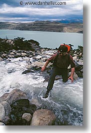 crossing, hiking, latin america, patagonia, stream, vertical, photograph