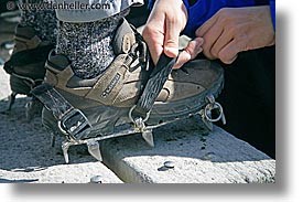 boots, glacier hiking, horizontal, latin america, moreno glacier, patagonia, strapping, photograph