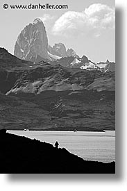 black and white, central, hiking, latin america, patagonia, torres, torres del paine, vertical, photograph