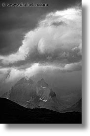 black and white, clouds, latin america, massif, patagonia, torres, torres del paine, vertical, photograph