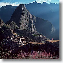 ancient ruins, andes, architectural ruins, inca trail, incan tribes, latin america, machu picchu, mountains, peru, picchu, square format, stone ruins, photograph
