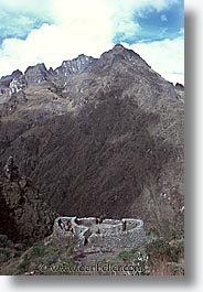 ancient ruins, andes, architectural ruins, inca trail, incan tribes, latin america, mountains, peru, runkuracay, stone ruins, vertical, photograph