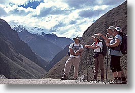 ancient ruins, andes, architectural ruins, groups, hikers, horizontal, inca trail, incan tribes, latin america, mountains, people, peru, stone ruins, photograph