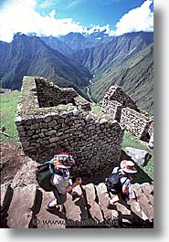 ancient ruins, andes, architectural ruins, inca trail, incan tribes, latin america, mountains, peru, stone ruins, vertical, winaywayna, photograph