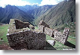 ancient ruins, andes, architectural ruins, horizontal, inca trail, incan tribes, latin america, mountains, peru, stone ruins, winaywayna, photograph