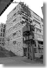 black and white, buildings, grid, israel, jerusalem, middle east, power, vertical, photograph
