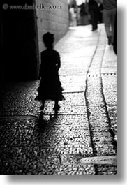 black and white, cobblestones, girls, israel, jerusalem, middle east, people, silhouettes, streets, vertical, photograph