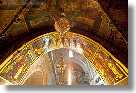 arches, buildings, catholic, ceilings, churches, hangings, holy sepulchre, horizontal, israel, jerusalem, lamps, middle east, perspective, religious, religious sites, structures, upview, photograph