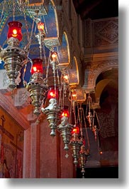 buildings, catholic, churches, glow, hangings, holy sepulchre, israel, jerusalem, lamps, lights, middle east, red, religious, religious sites, structures, vertical, photograph
