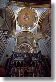 buildings, catholic, churches, domes, glow, holy sepulchre, israel, jerusalem, jesus, lights, middle east, mosaics, perspective, religious, religious sites, structures, upview, vertical, photograph