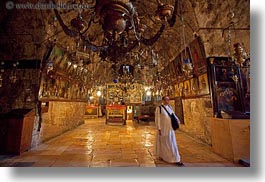 buildings, catholic, christian, churches, hangong, horizontal, israel, jerusalem, lamps, marys tomb, middle east, monks, religious, religious sites, structures, walking, photograph