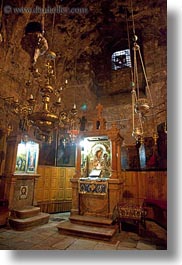 buildings, catholic, christian, churches, hangings, israel, jerusalem, lamps, mary, marys tomb, middle east, religious, religious sites, shrine, structures, vertical, photograph