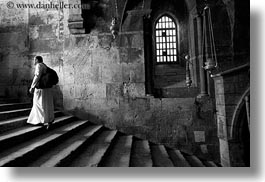 black and white, buildings, catholic, christian, churches, horizontal, israel, jerusalem, marys tomb, middle east, monks, religious, religious sites, stairs, structures, walking, photograph