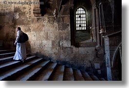 buildings, catholic, christian, churches, horizontal, israel, jerusalem, marys tomb, middle east, monks, religious, religious sites, stairs, structures, walking, photograph