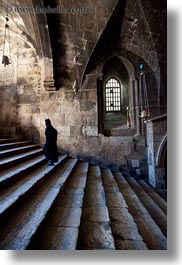 buildings, catholic, christian, churches, glow, israel, jerusalem, lights, marys tomb, middle east, nuns, religious, religious sites, stairs, structures, vertical, walking, photograph
