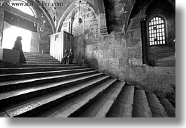 black and white, buildings, catholic, christian, churches, glow, horizontal, israel, jerusalem, lights, marys tomb, middle east, nuns, religious, religious sites, sitting, stairs, structures, photograph