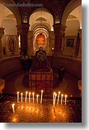 buildings, candles, christian, churches, glow, glowing, israel, jerusalem, lights, mary, middle east, religious, religious sites, sleeping, structures, vertical, photograph