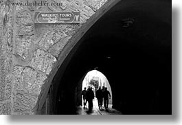 black and white, horizontal, israel, jerusalem, middle east, signs, streets, tours, walking, photograph