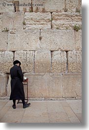 clothes, hats, israel, jerusalem, jewish, men, middle east, praying, religious, temples, vertical, walls, western wall, photograph