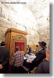 beards, clothes, hats, israel, jerusalem, jewish, men, middle east, people, praying, religious, temples, vertical, western wall, photograph