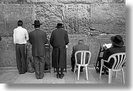 black and white, clothes, hats, horizontal, israel, jerusalem, jewish, men, middle east, praying, religious, temples, walls, western, western wall, photograph
