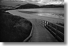abel tasman, beaches, black and white, fences, horizontal, new zealand, ramp, photograph