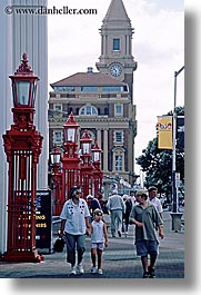auckland, lamp posts, new zealand, people, red, vertical, photograph