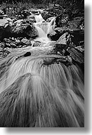 black and white, fox glacier, new zealand, vertical, waterfalls, photograph