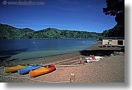 colorful, horizontal, kayaks, new zealand, queen charlotte, photograph