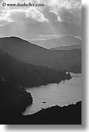 bay, black and white, lachmara, new zealand, queen charlotte, vertical, photograph