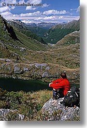 hikers, lakes, new zealand, routeburn, scenics, vertical, photograph