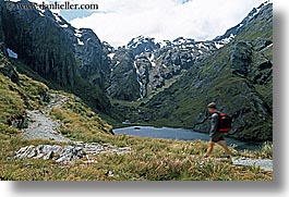 hikers, horizontal, lakes, new zealand, routeburn, scenics, photograph