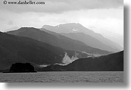 alaska, america, black and white, fog, horizontal, mountains, north america, united states, water, photograph