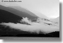 alaska, america, black and white, fog, horizontal, mountains, north america, united states, water, photograph