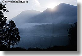 alaska, america, fog, horizontal, mountains, north america, trees, united states, water, photograph