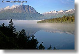 alaska, america, fog, horizontal, mountains, north america, reflections, trees, united states, water, photograph