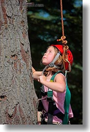 activities, america, childrens, climbing, clothes, colors, girls, hats, helmets, idaho, north america, people, red, red horse mountain ranch, tree climb, trees, united states, vertical, photograph