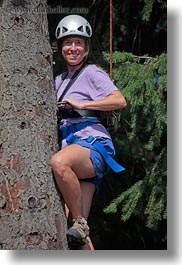 activities, america, climbing, clothes, hats, helmets, idaho, jills, north america, people, red horse mountain ranch, tree climb, trees, united states, vertical, womens, photograph