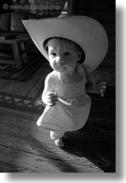 america, babies, big, black and white, childrens, clothes, cowboy hat, girls, hats, idaho, north america, people, red horse mountain ranch, united states, vertical, photograph