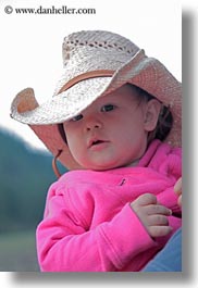 america, babies, childrens, clothes, girls, hats, idaho, north america, people, pink, red horse mountain ranch, straw hat, united states, vertical, photograph